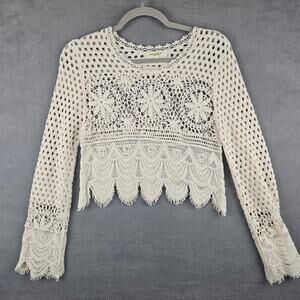 Rebellion Crochet Lace Long Sleeve Cropped Top Boho Coastal Feminine Romantic XS